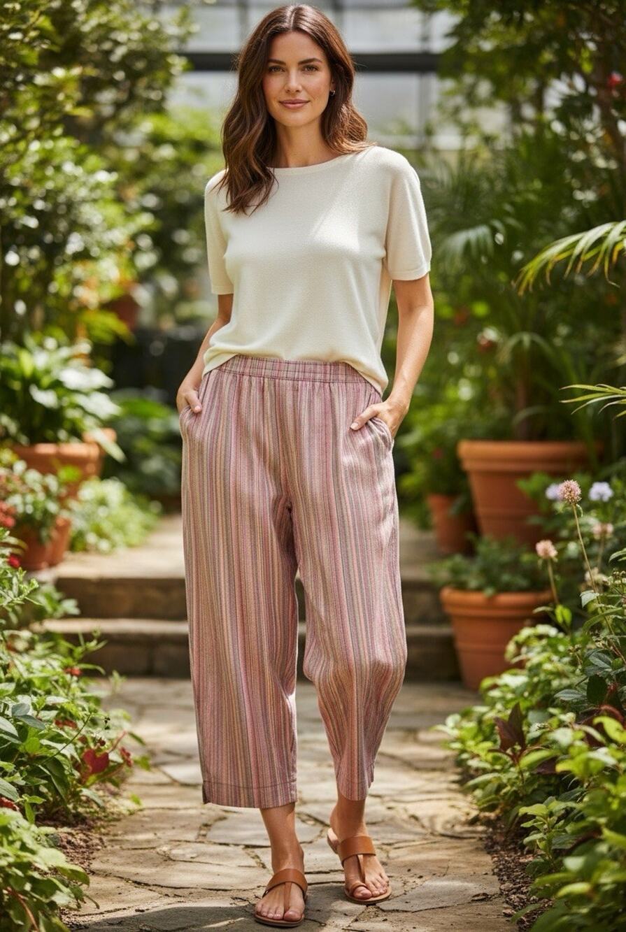 INSPIRATION Cropped Pants Striped Relaxed Fit Elastic Waist Women’s 28/30